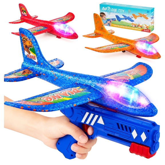 Zacro Airplane Launcher Toys,  3 Pack Foam Glider Catapult Plane Toy with LED Light & Stickers, Outdoor Flying Toys for Boys Girls 3 4 5 6 7 8  Year Old