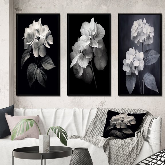 Designart "Monochrome Elegance in Blooming Hydrangeas III" Floral Framed Wall Art Set Of 3 - Black Floral Frame Gallery Set For Office Decor