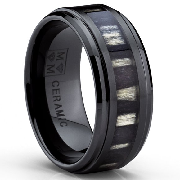 9MM Black Ceramic Wedding Band Ring with Real Zebra Wood Inlay, Comfort Fit,