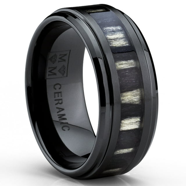 9MM Black Ceramic Wedding Band Ring with Real Zebra Wood Inlay, Comfort Fit,