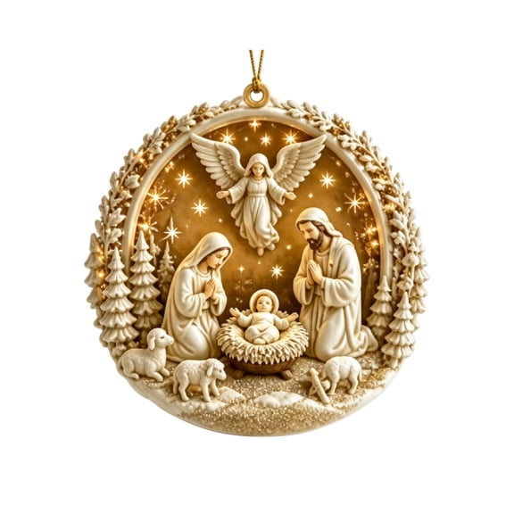Christmas Nativity Scene Acrylic Flat Ornament 3.1 in Religious Holy Family Hanging Tree Decor Design B