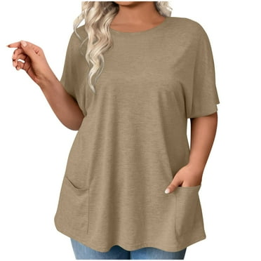 biudgviw Women's Plus Size Tunic Tops Crew Neck Short Sleeve Solid Color T Shirts Casual Loose Blouses with Pockets