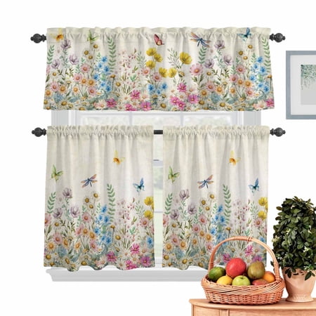 Spring Flowers Kitchen Curtains Valances 3 Piece Set Watercolor Colorful Floral Leaf Butterfly Dragonfly Beige Rod Pocket Tier Curtain and Valance Drapes for Small Window 36 Inch Length for Bedroom