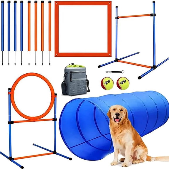MY Dog Agility Training Equipment, 60-Piece Dog Obstacle Course Training Starter Kit Pet Outdoor Game with Tunnel, Agility Hurdle, Weave Poles, Jump Ring, Pause Box, Toy Balls and Storage Bag