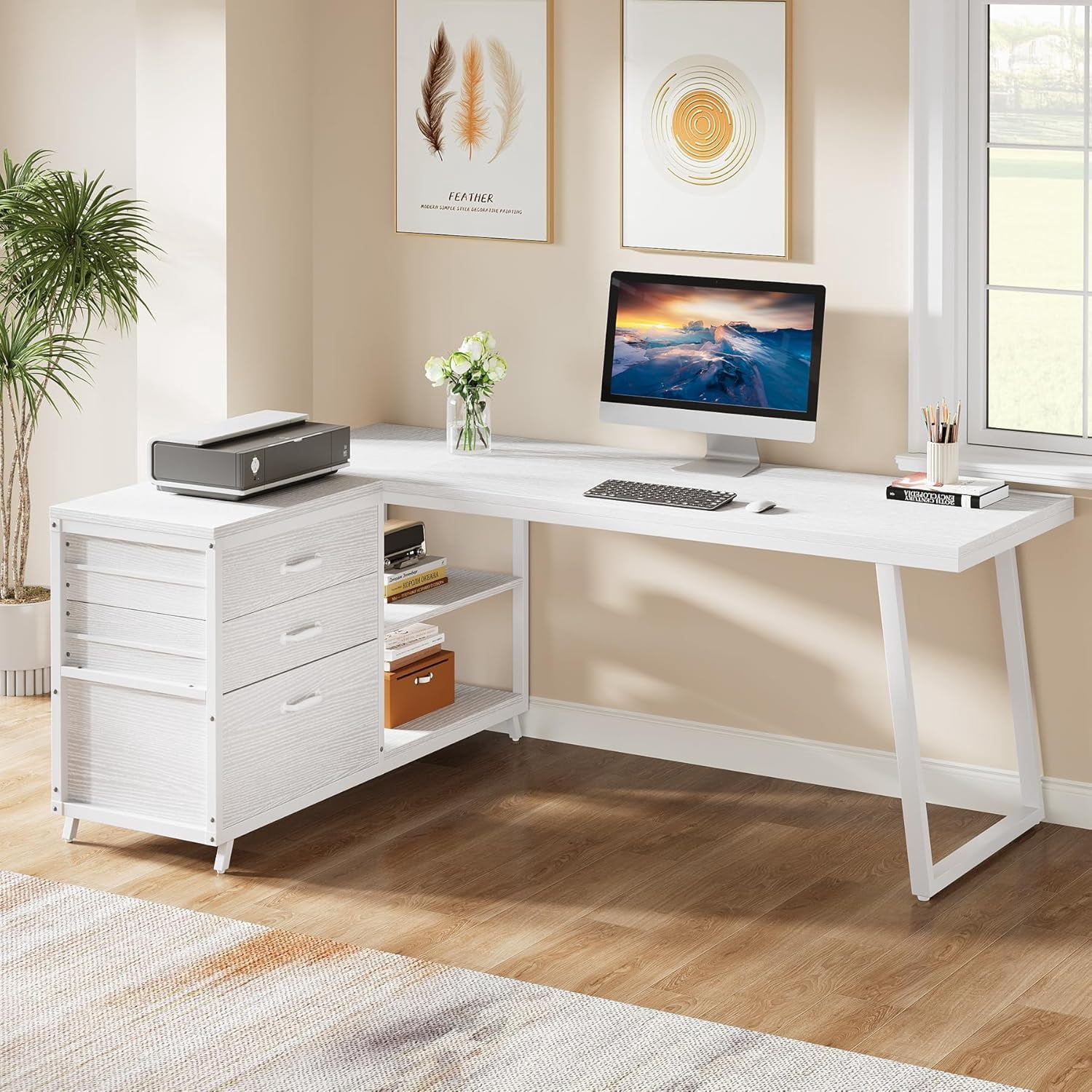 Tribesigns 53" L Shaped Office Desk, Reversible Corner Computer Desk with 3 File Drawers and 2 Storage Shelves for Home Office, Study, Gaming Room (White)