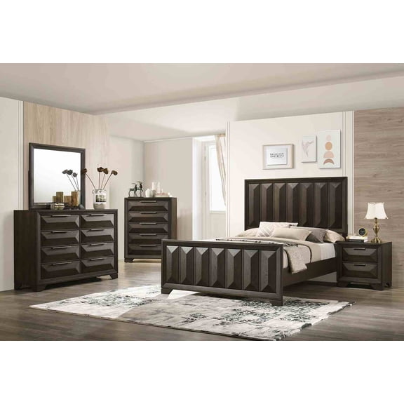 Transitional Style Espresso 4pc Bedroom Set Est King Size Bed Nightstand Dresser Mirror Furniture Solidwood