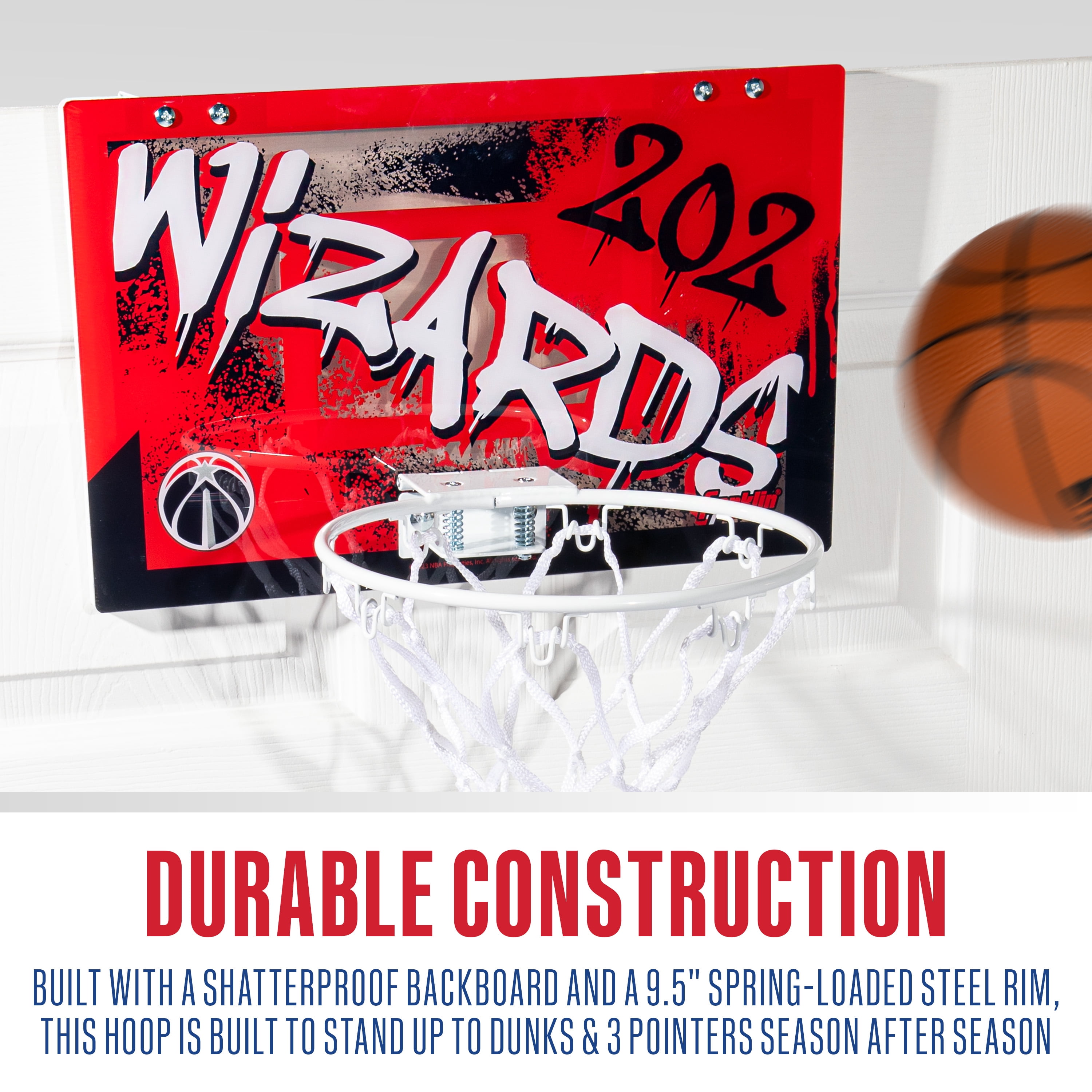 Franklin Sports NBA Washington Wizards Over the Door Basketball Hoop - Kids Indoor Basketball Hoop with Mini Basketball - NBA Fan Shop Mini Hoop for Bedroom + Office - Over the Door Mini Hoop Set