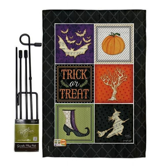 Breeze Decor BD-HO-GS-112074-IP-BO-D-US18-SB 13 x 18.5 in. Trick or Treat Collage Fall Halloween Vertical Double Sided Mini Garden Flag Set with Banner Pole