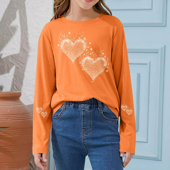Yellow Girls Sparkle Long Sleeve Top, Heart Rhinestone Glitter Shirt for Kids, Stretchy Casual Party Top 2-14 Years,Size 7-8 T