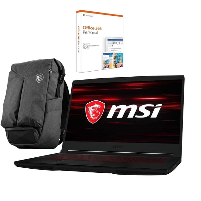 Laptop Gamer MSI GF63 con procesador Intel Core i5 de 9ª generación, 8GB RAM, SSD de 512GB, pantalla gaming de 15.6 pulgadas y tarjeta gráfica NVIDIA GTX 1650TI en color negro, incluye mochila gris con logo MSI y suscripción a Office 365 Personal para productividad y uso versátil.