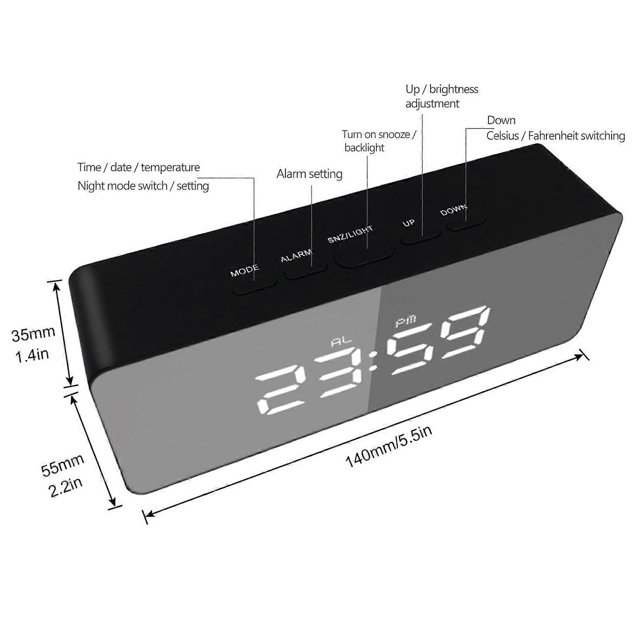 Digital Alarm Clock Desk Alarm Clock LED Mirror Alarm Clocks Temperature Display