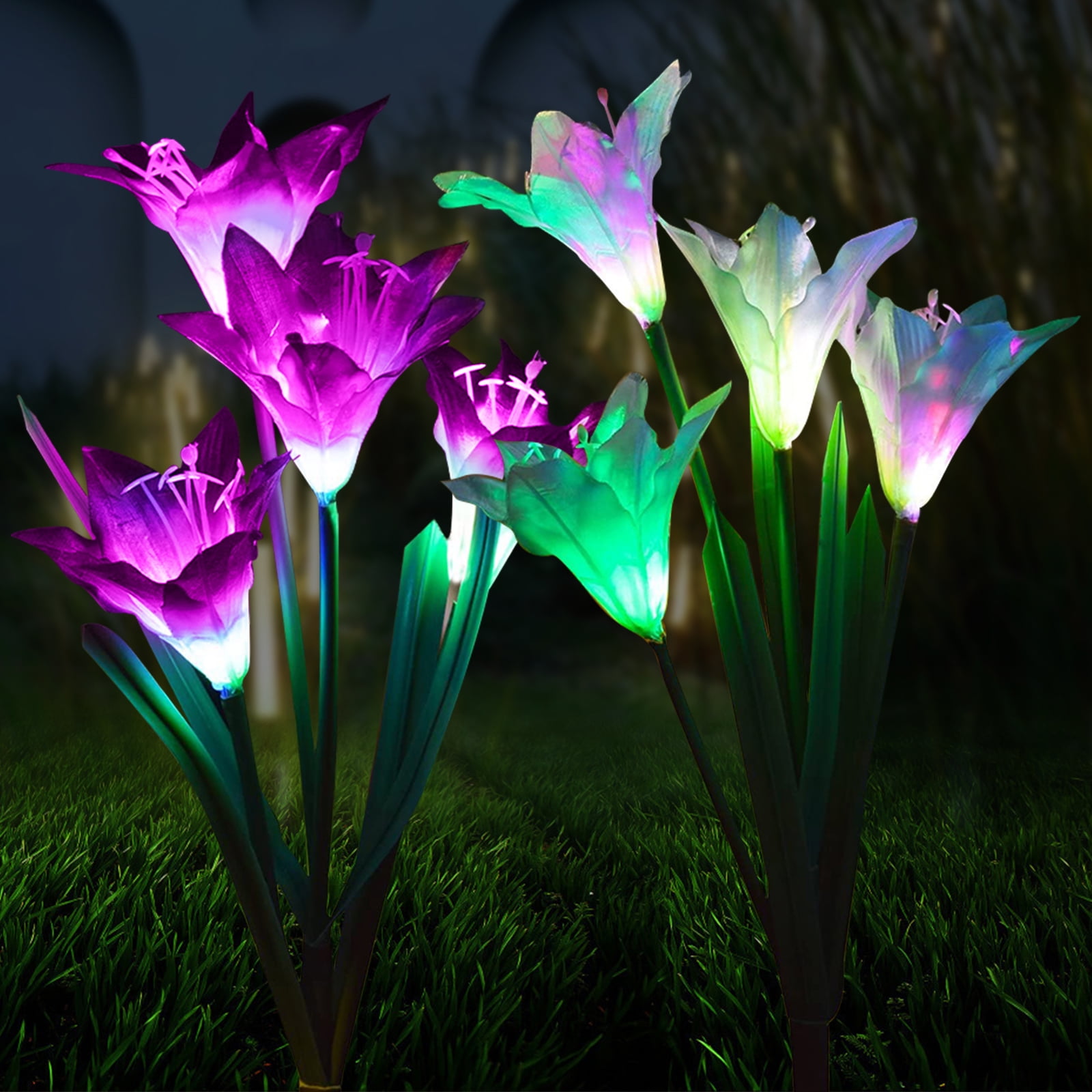 2PCS Solar Flower Lights Outdoor Garden Stake Lily LED Fairy Landscape Lamp 