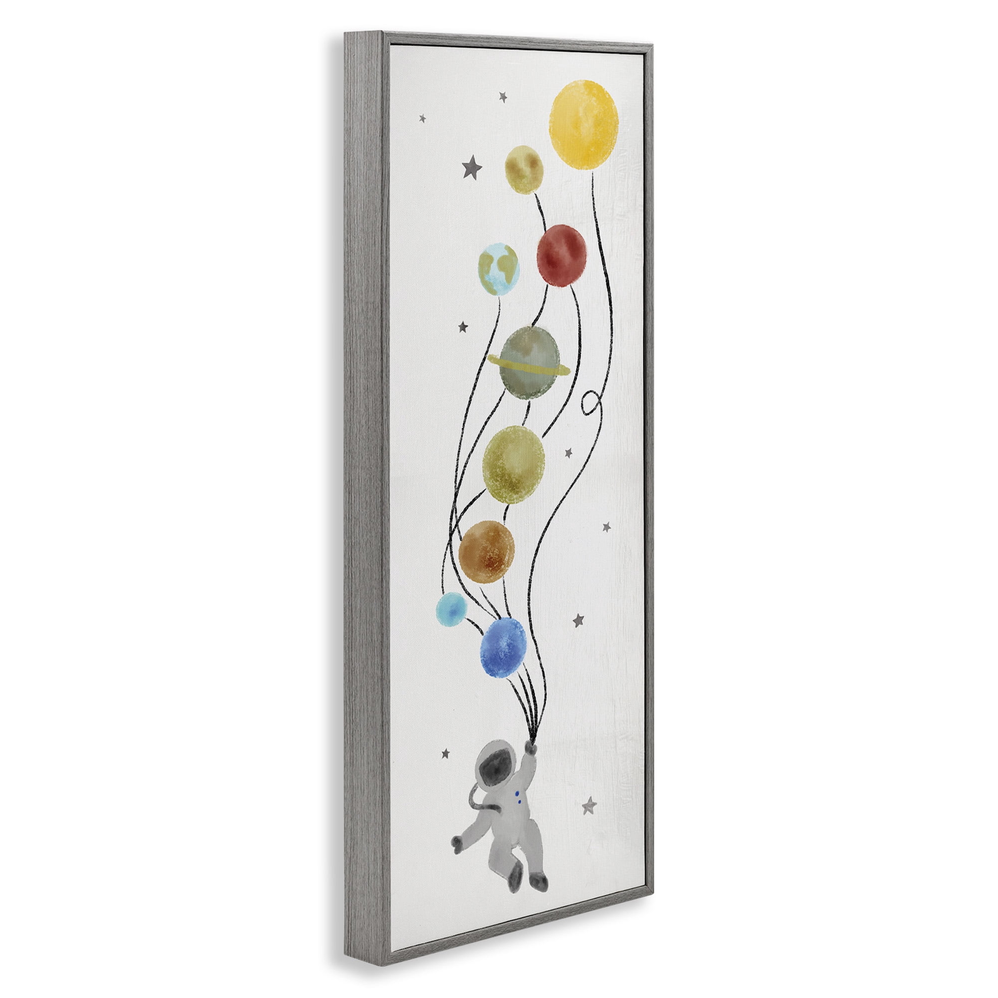 Stupell Industries Whimsical Astronaut Floating Balloon Abstract Painting Gray Framed Art Print Wall Art, 10 x 24
