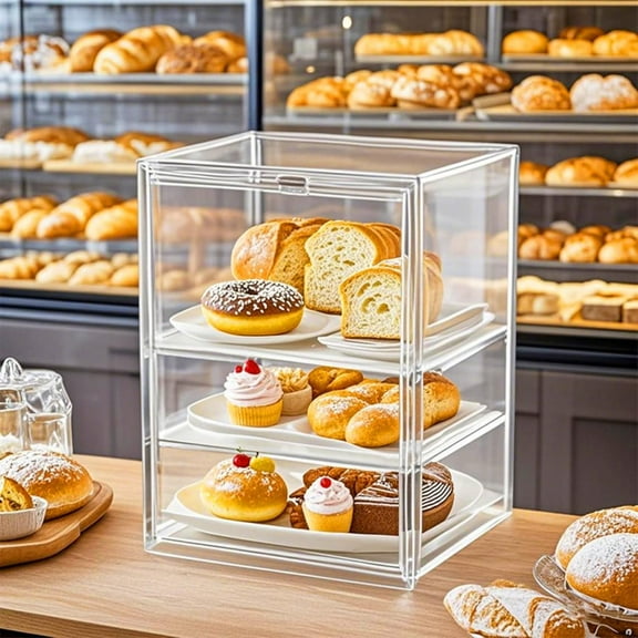 Fully Transparent Acrylic 3-Tier Display Case for Baked Goods, Large Capacity Dustproof Storage Box