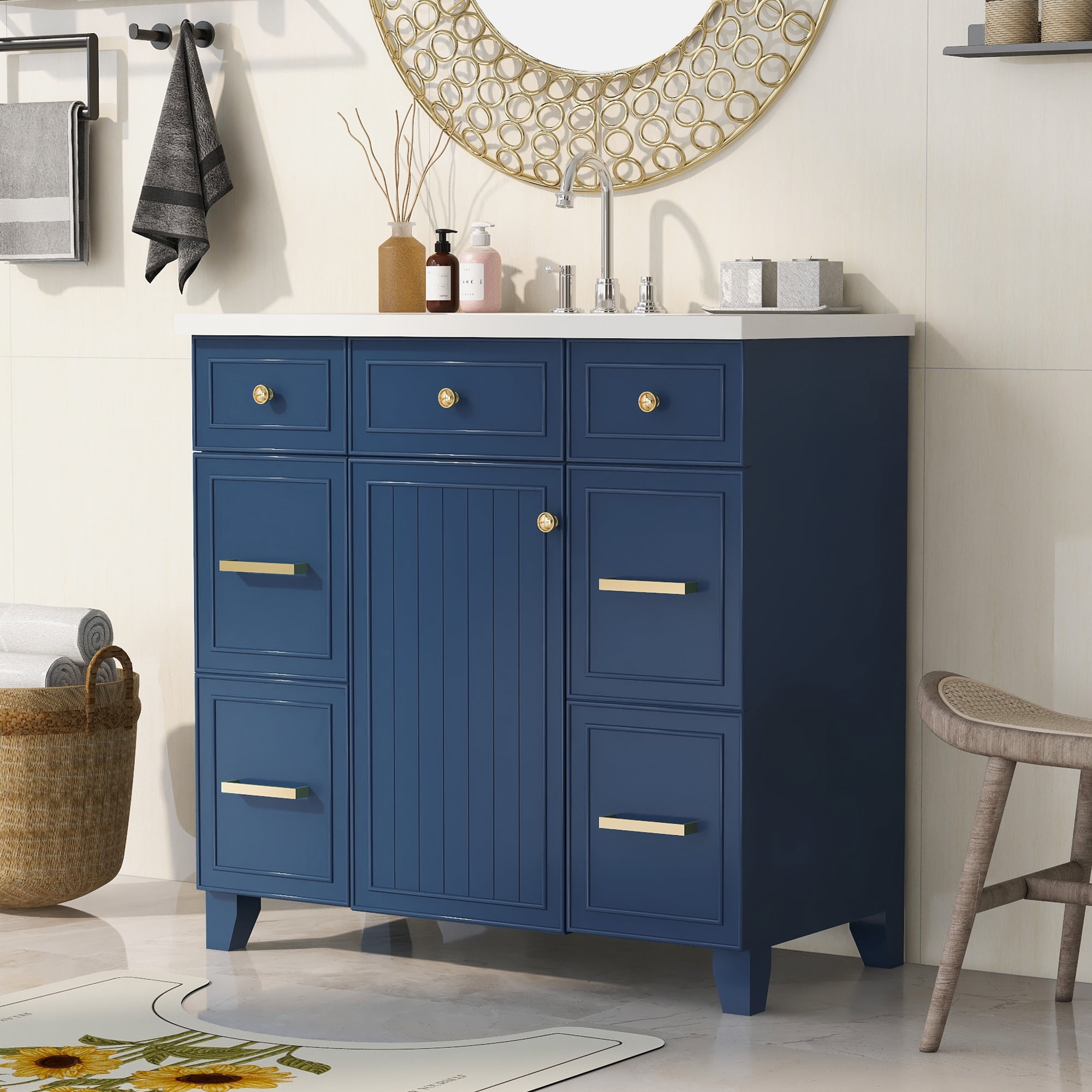 Harper & Bright Designs 36" Bathroom Vanity Cabinet with Sink Combo Set, Contemporary Bathroom Shaker Cabinets and Vanities with Soft Closing Door and Drawer, Navy Blue