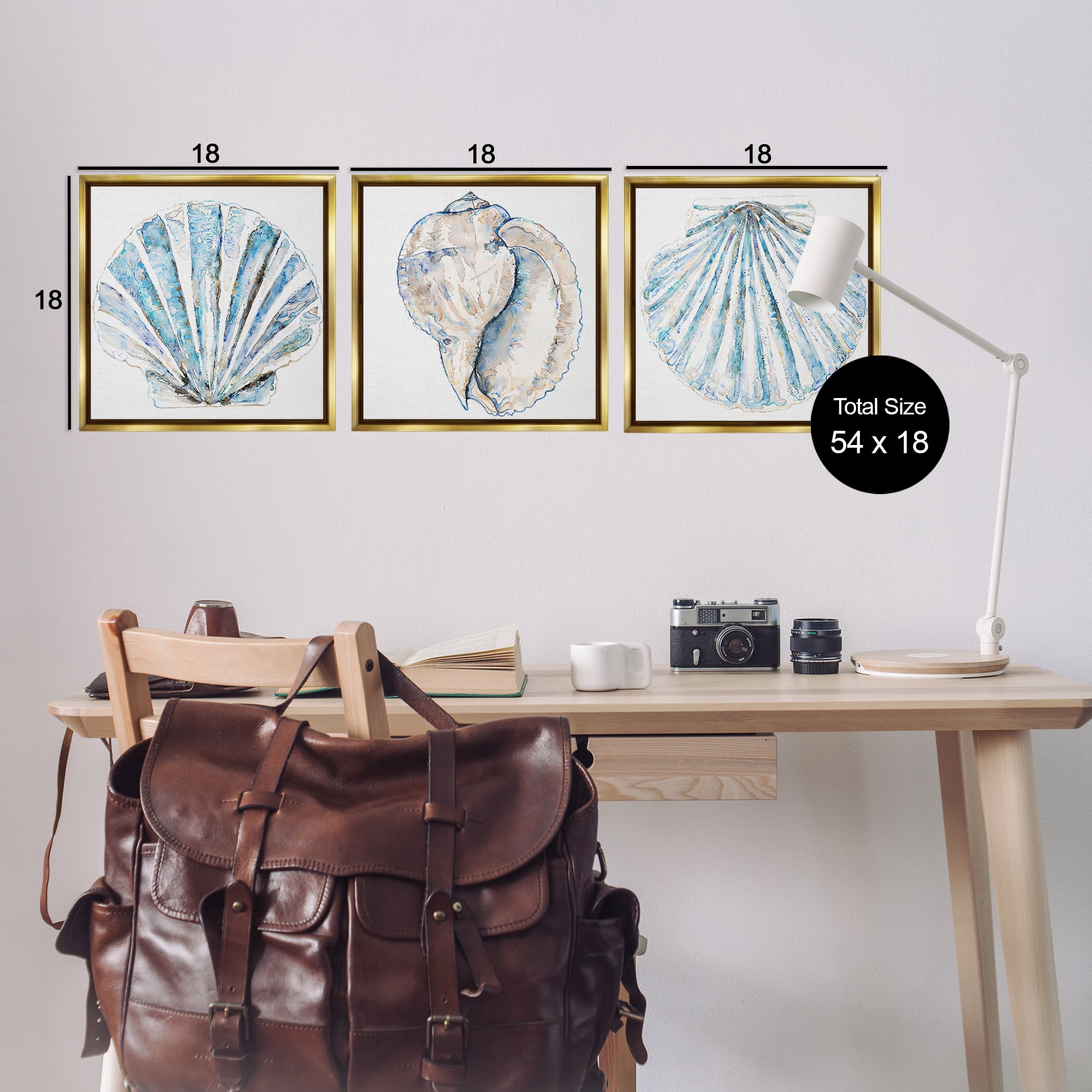 Stupell Industries Clam & Conch Watercolors Nautical & Beach Painting Gold Floater Framed Canvas Art Print Wall Art, 18 x 18, Set of 3