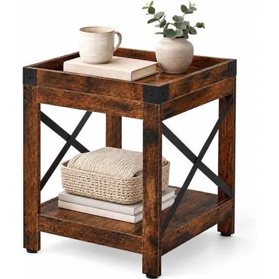 ZEXVIDA Farmhouse Square Side Table with 2-Tier Storage Shelf,Large End Table Modern Sofa Table with X-Metal Frame Coffee Table Nightstand for Living Room Bedroom Office,Small Spaces,Rustic Browm