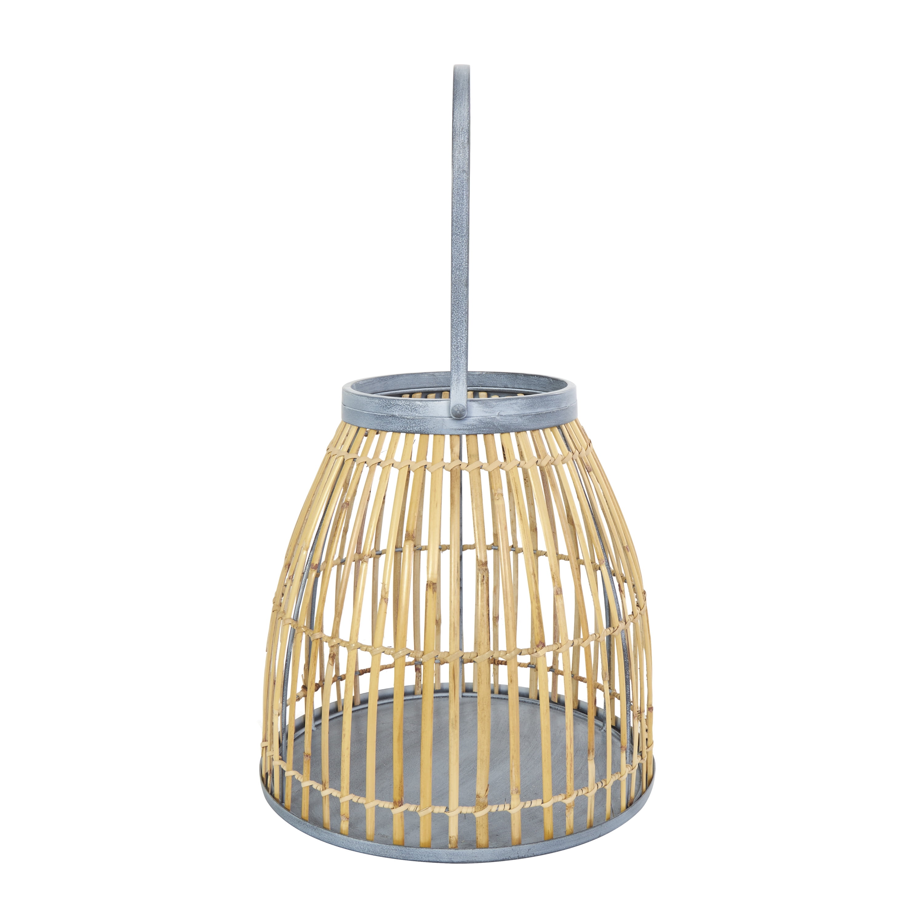 DecMode Brown Bamboo Handmade Woven Open Framed Caged Style Candle Lantern with Blue Metal Accents and Handle