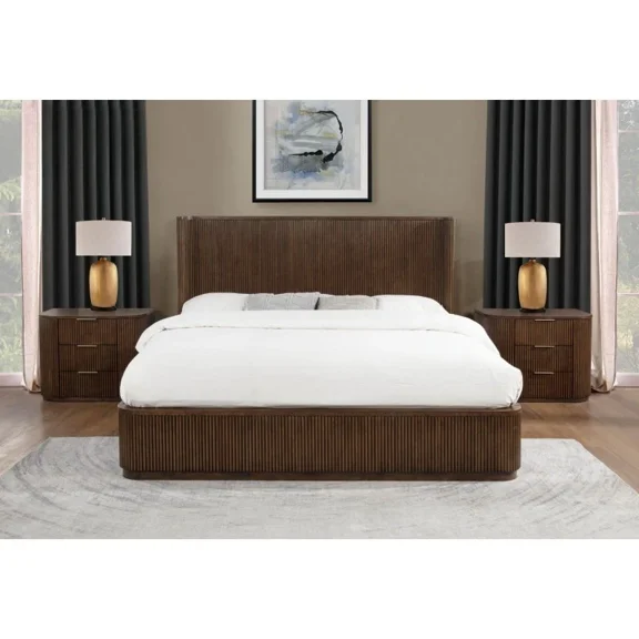 3pc Solid Wood Bedroom Set, California King Platform Bed with 2 Nightstand, Fluted Design Modern Bedroom Set, Brown