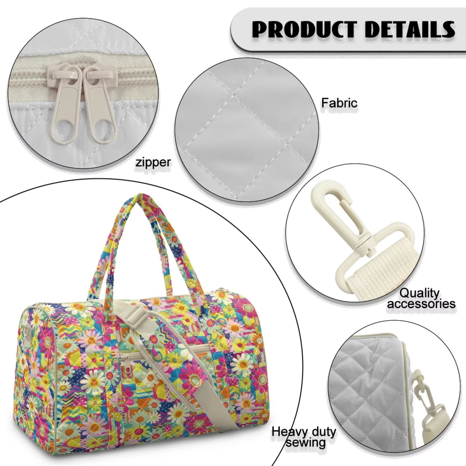Garronmavis Large Quilted Duffle Bag for Women, Floral Pattern Weekender Bag Travel Overnight Bag, Carry On Gym Dance Tote with Zipper Pockets