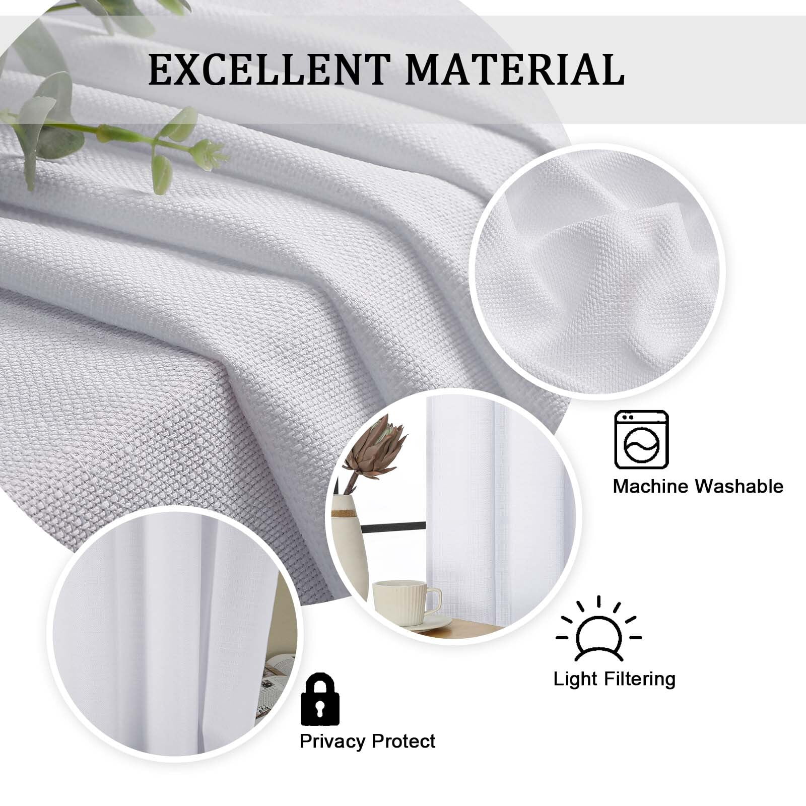 OVZME Bethany White Curtains 96 Inch Length 2 Panels Set, Faux Linen Extra Wide Textured Semi Light Filtering Soft Airy Farmhouse Curtain Drapes for Living Room Bedroom, 50Wx96L, White