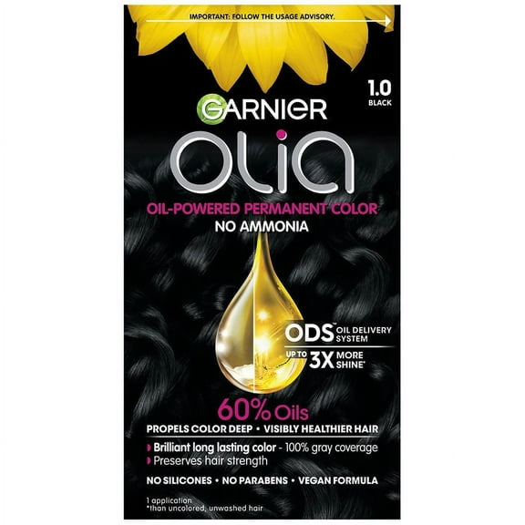 Garnier Olia Oil Powered Ammonia Free Permanent Hair Color, 1.0 Black 1.0 set Pack of 2