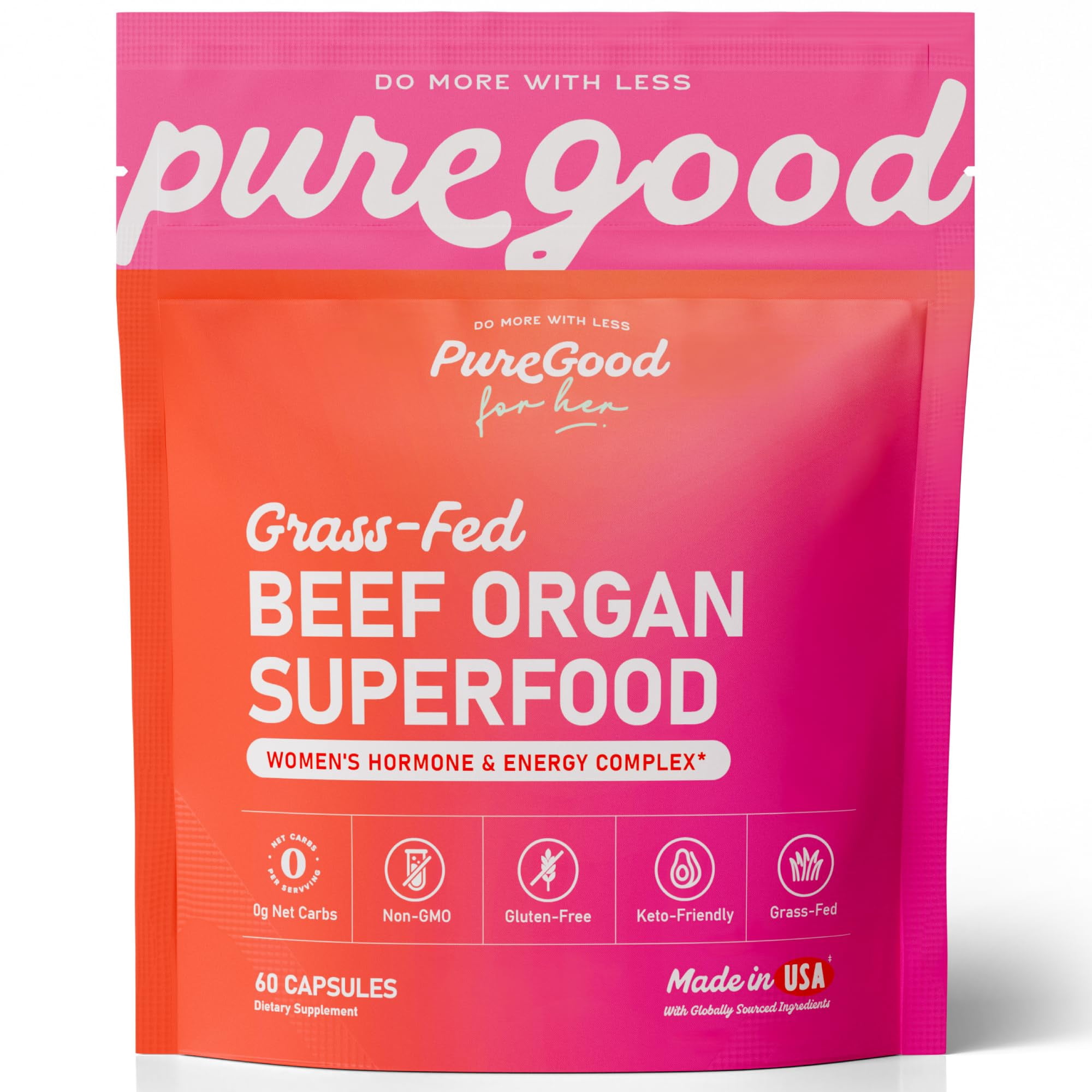 PureGood Primal Female Beef Organ Supplement for Women (60 Beef Organ Capsules) Grass Fed Liver, Heart, Kidney, Ovary – Hormone Balance & Energy Support – Non-GMO, Gluten, Hormone, and Pesticide Free