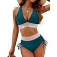 thumbnail image 1 of Women Tummy Control Swimsuits Color Block Two Piece Drawstring Bathing Suit Peacock Blue L, 1 of 7