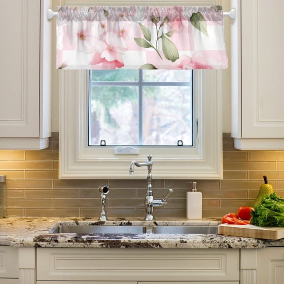 Pink Flowers Grids Curtain Valances Farmhouse Design Window Treatment Decor Blackout Rod Pocket for Windows Living Room Kitchen 54" x 18"