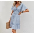 thumbnail image 4 of Mutural Summer Beach Dress Ladies Short Sleeve Solid Color Purfle Lace V Neck Mini Sundresses For Women Small Blue, 4 of 5