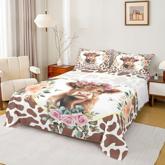Homewish Kawaii Highland Cattle Twin Sheet Sets, Fashion Brown Cow Print Twin Fitted Sheet, Romantic Rose Floral Flat Sheet, Luxury Bedroom Decor, 3pcs