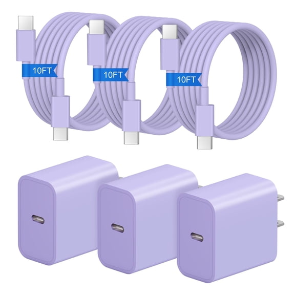 LujingZ iPhone 17 16 15 20W USB-C Fast Charger 3-Pack with 3x 10FT Cables Compatible with iPhone 17 Pro Max, Air, 16, 15 Pro Series, iPad Pro, AirPods Purple