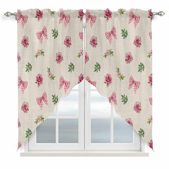 Valentine's Day Swag Valances for Windows, Kitchen Window Curtains Over Sink, Spring Roses Romantic Pink Bows Vintage Window Treatment Curtains for Living Room/Bedroom Curtains 2 Panel Sets 36"x45"