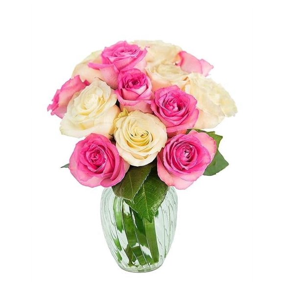 KaBloom : 12 Pink Roses, 12 White Roses, 3 Greens, Vase, Next-Day Delivery, Gift for Every Occasion.