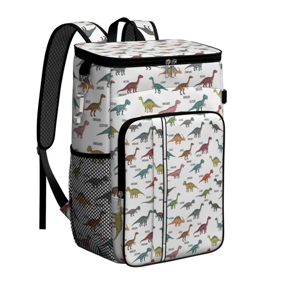 Travel Cooler Bag - White Cartoon Dinosaurs Names Pattern Camping Beer Cooler Backpack with Bottle Opener- Waterproof Insulated Picnic Backpacks - Cooler Bag for Beach