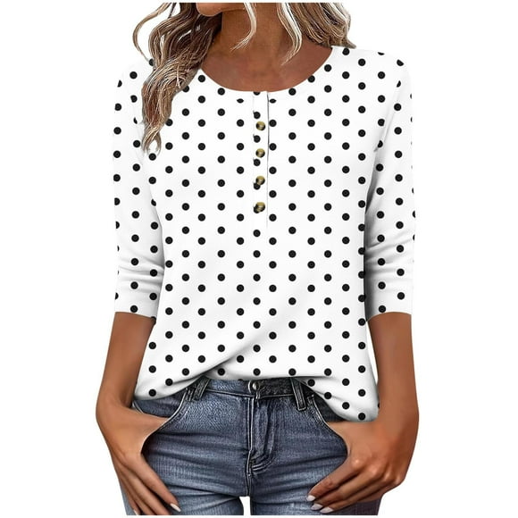 SROBPTY Womens Summer Shirts, Women's Printed Button 3/4 Sleeve T-shirt Comfortable and Casual Loose White, XL