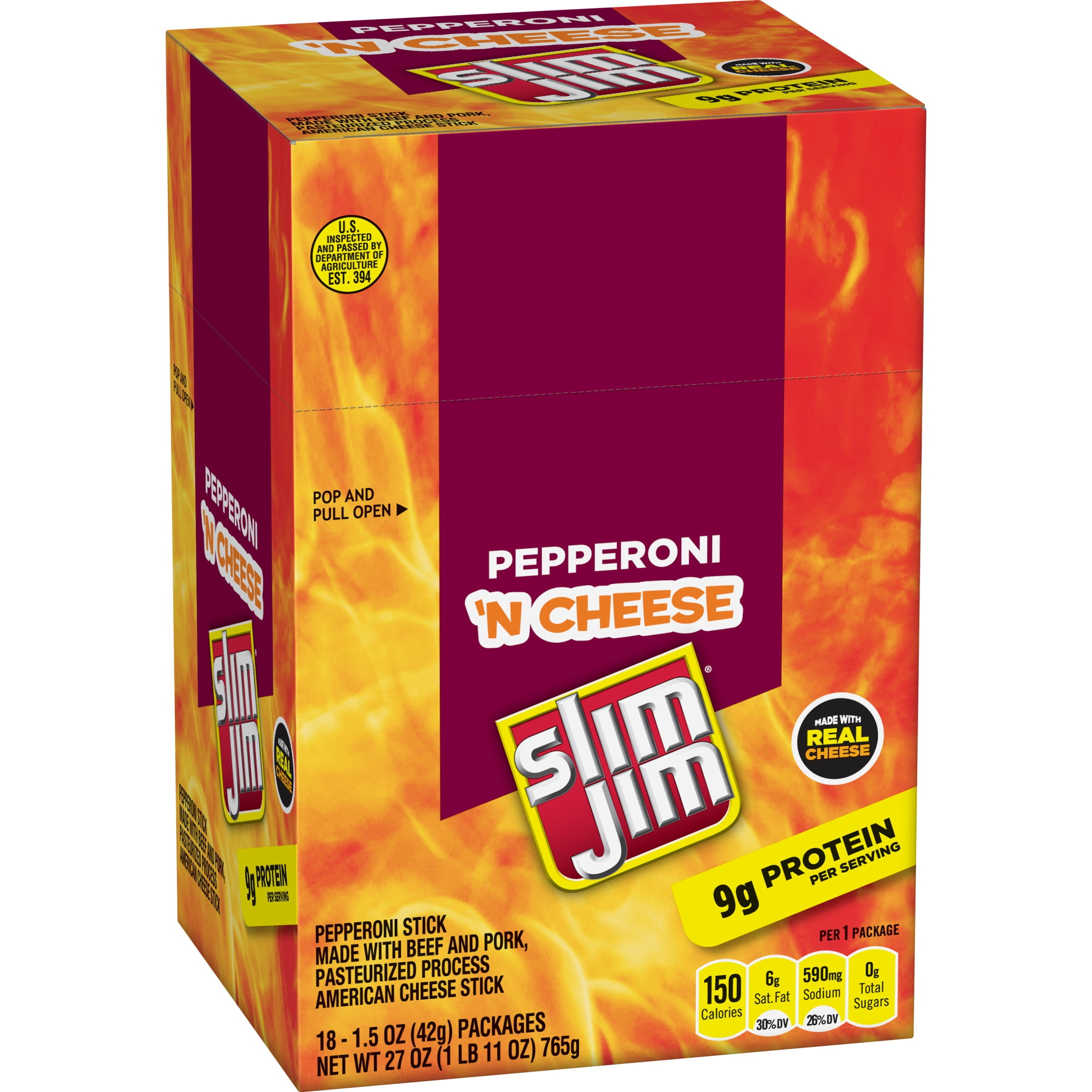 Slim Jim Meat & Cheese, Pepperoni Flavor, 9g Protein per Serving, 1.5 oz., 18-Count