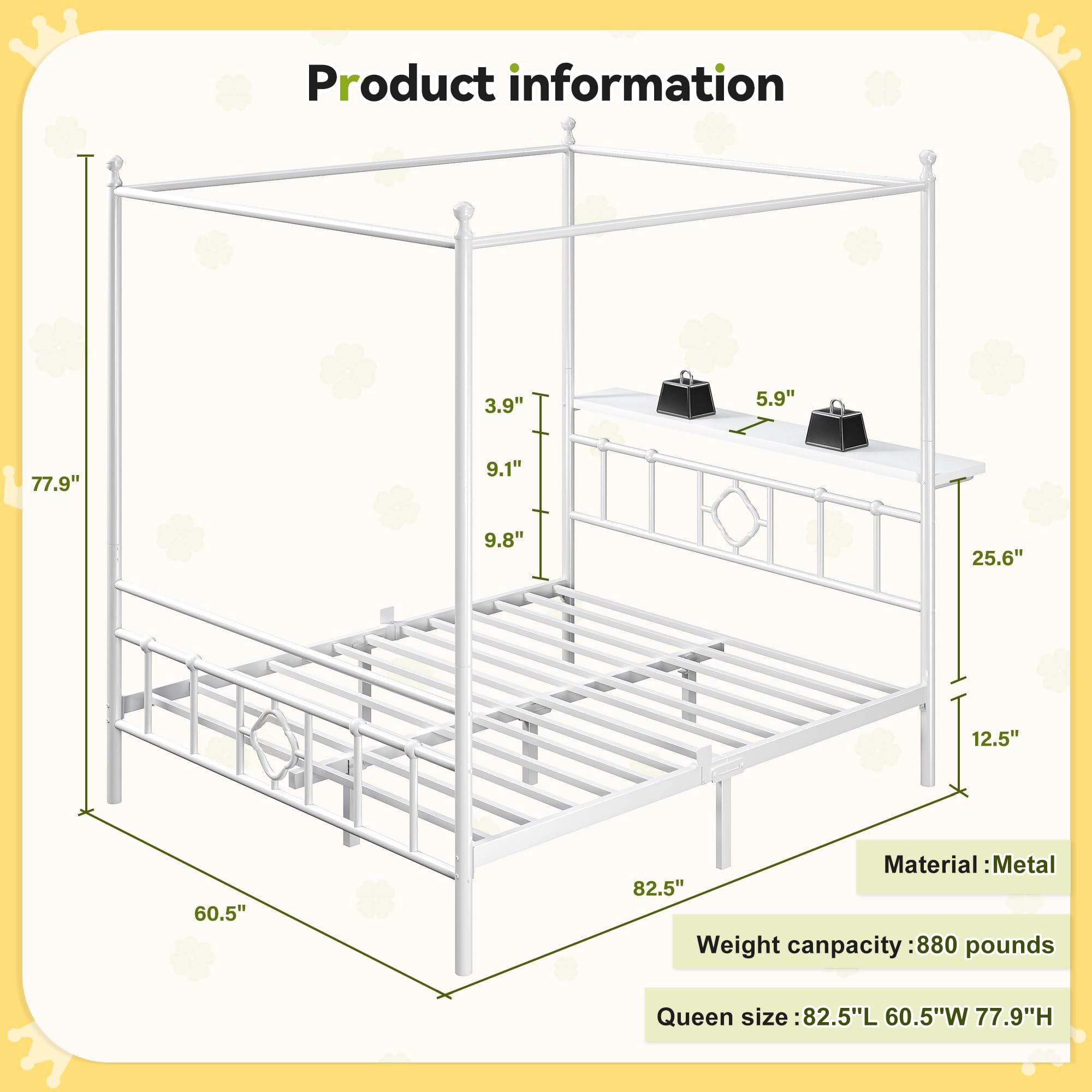 EnHomee Queen Size Canopy Bed Frame with Headboard Canopy Metal Bed Frame with 4 Removable Posts Platform Metal Canopy Bed, Curtain Not Included, White