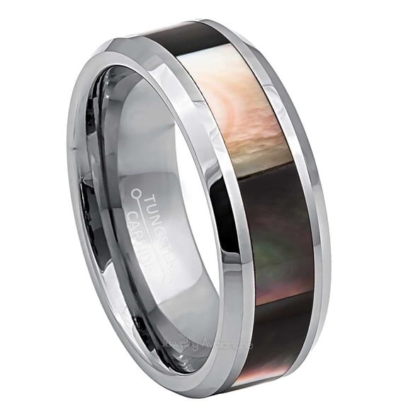 Jewelry Avalanche Mother of Pearl Inlay Mens Tungsten Carbide Wedding Band, 8mm, Beveled Edge, size 10