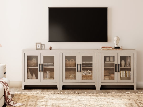 WAMPAT Modern Farmhouse TV Stand up to 100"TV, Entertainment Center with Tempered Glass Doors & Adjustable Shelves, Beige