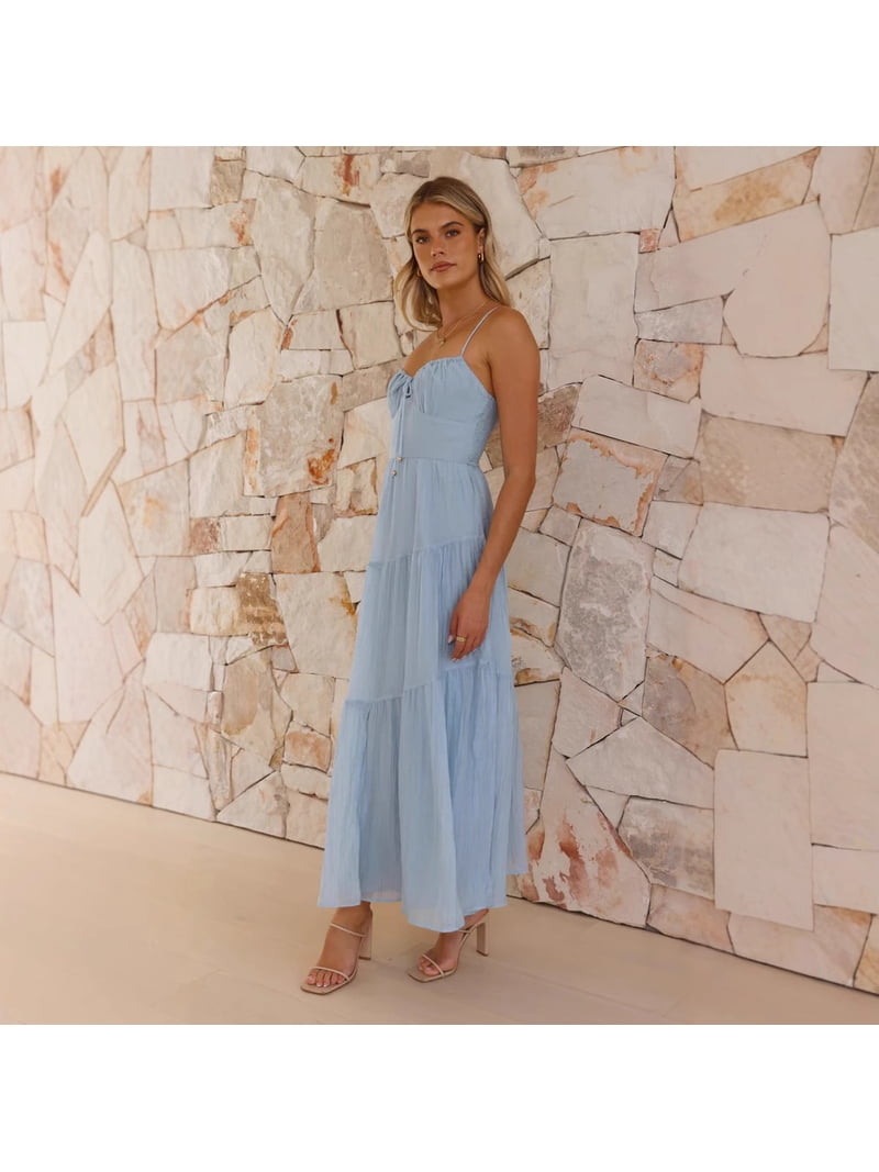 women's light blue bridesmaid dresses 2026 New Spaghetti Strap Tiered Flowy Maxi Dress Wedding Guest Dress Blue Designer Dress Shoes Trendy black midi dress for summer 2025 Maternity Size:XL This floor