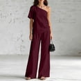 thumbnail image 5 of VBVC Women's One Shoulder 2 Piece Pants Sets , Elegant Vacation Loose Matching Outfits For Women , Ladies' Short Sleeve Suit Sets with Pockets,Wine,S-2XL, 5 of 6