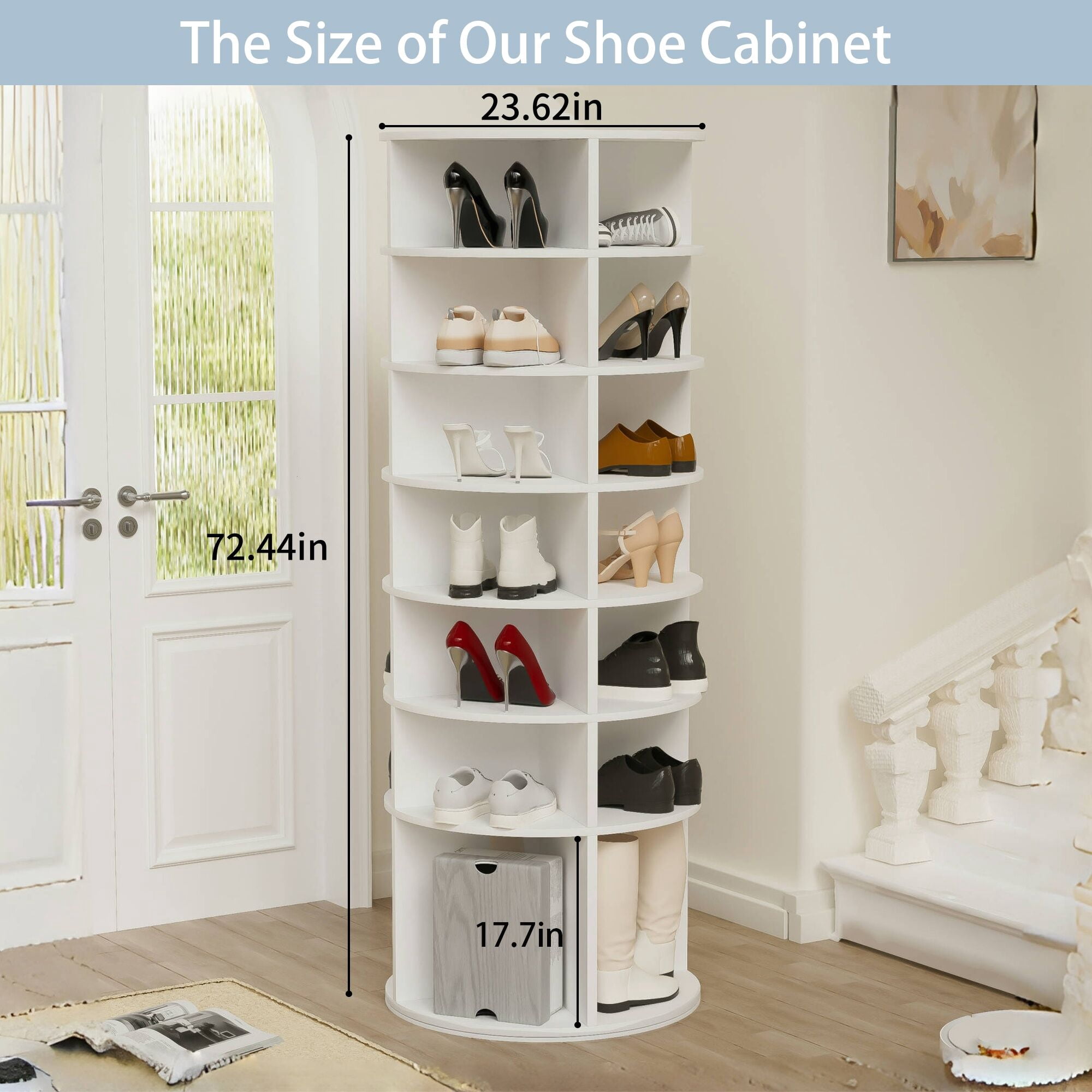 7-Tier Rotating Shoe Rack Tower, 360° Spinning Shoe Organizer Holds 28 Pairs, 23.62" X 23.62" X 72.44" White Free-Standing Shoe Storage Cabinet
