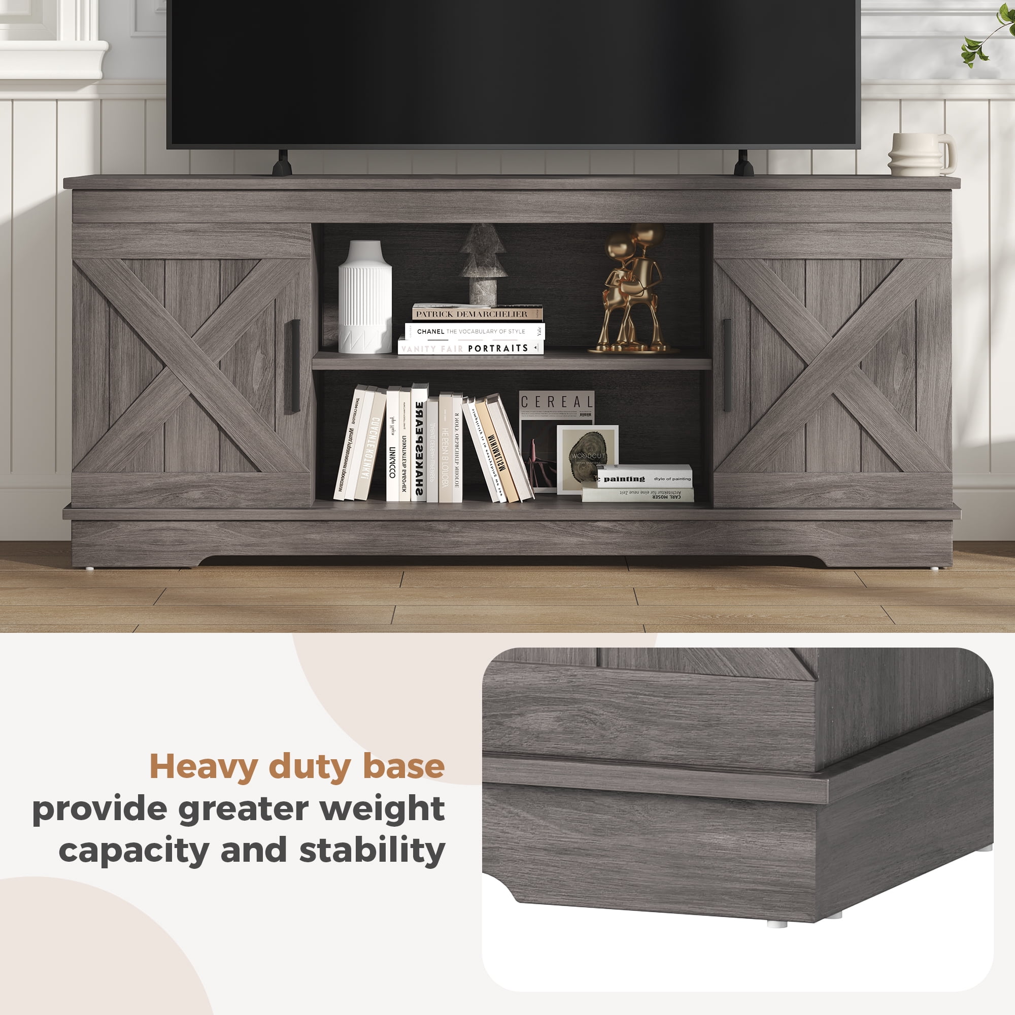IULULU 58" Modern Farmhouse TV Stand for TVs up to 65", Natural Grey