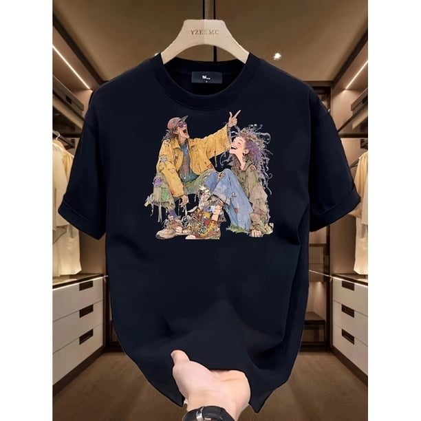 Men'S Casual Cotton T-Shirt with Vibrant Cartoon Print - "YOUNG" Design, Short Sleeve, Round Neck, Lightweight & Breathable for Summer, Relaxed Fit, Everyday Tshirt | Cartoon Print Tee