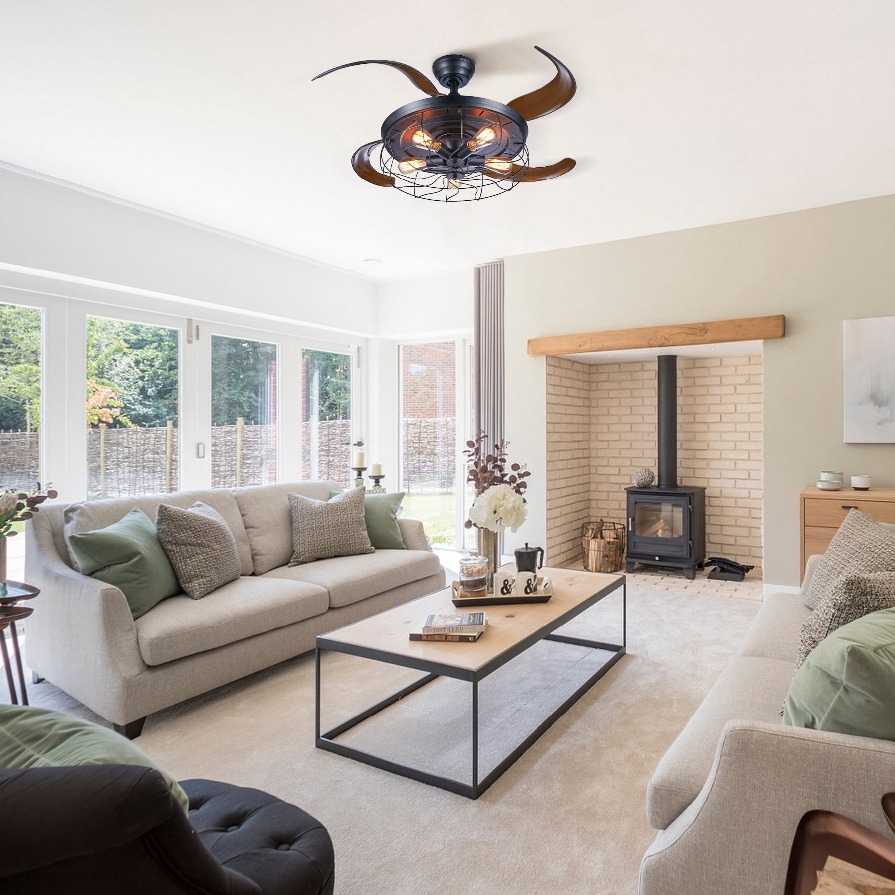 Bestco 42" Ceiling Fan and Lighting with 5 Sockets Remote Control Timer 4 Hidden Blades