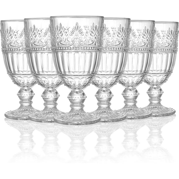 6 Pack Glass Goblet, 12 OZ Vintage Wine Glassware, Romantic Wedding Glass Set, Drinking Stemware Beverage Cups for Party, Bar, Champagne, Juice, Beer, Cocktail, Embossed Design