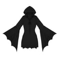 thumbnail image 4 of OSOLU Women's Halloween Dress Elegant Hooded Design Lace Up Neck Bat Wing Sleeve Gothic Irregular Dresses Party, Black, 4 of 5