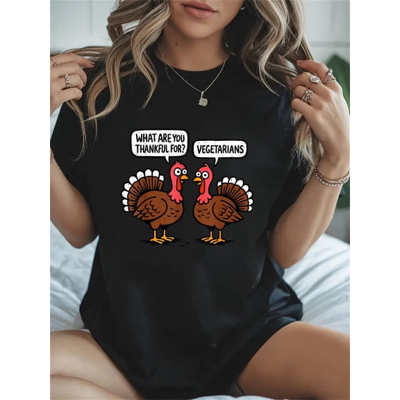 Cotton Funny Turkey Thankful for Vegetarian Thanksgiving Adult Casual Graphic Tee Lightweight Daily Wear T-Shirt