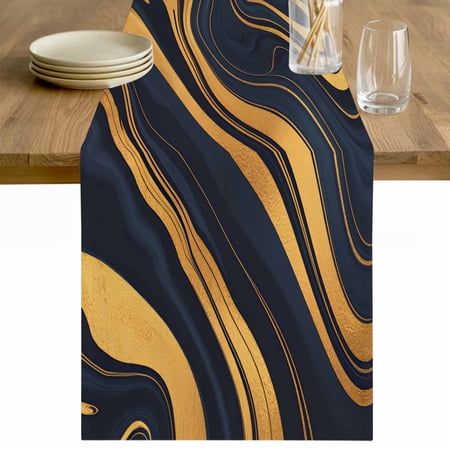 Abstract Marble Table Runner 48 Inches Long Farmhouse Dress Scarves Black Golden Modern Ombre Fluids Art Dining Tablerunner for Coffee Table/Kitchen Island/Party D&eacute;cor 13 x 48